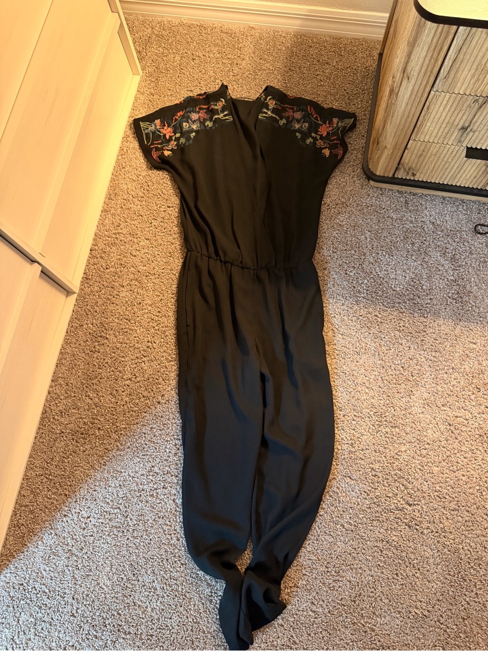 Zara Black Jumpsuit with Multicolor Floral Embroidery